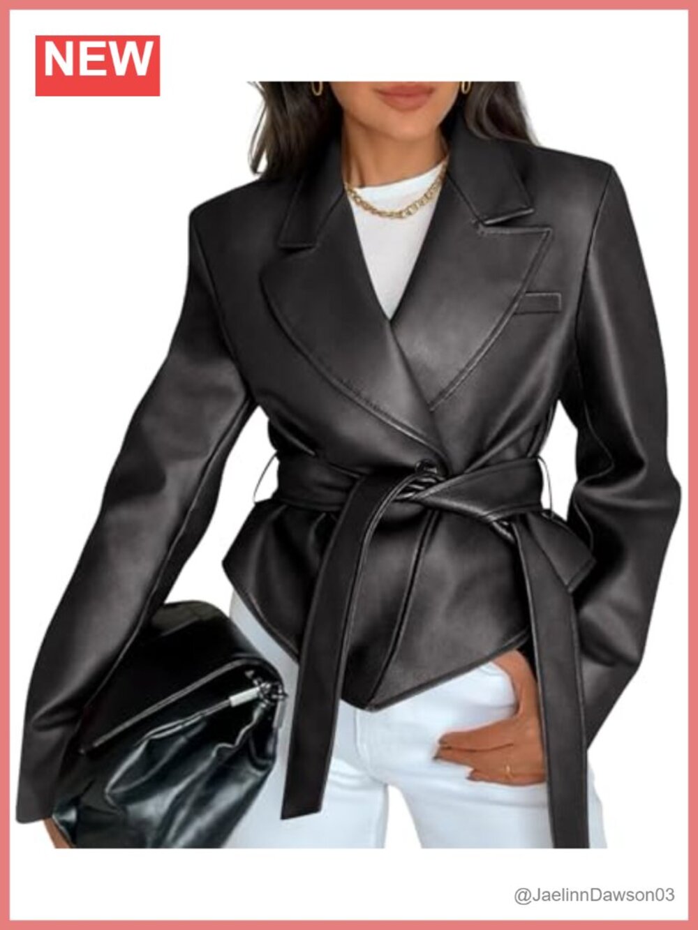 Faux Leather Belted Button Down Blazer Jacket